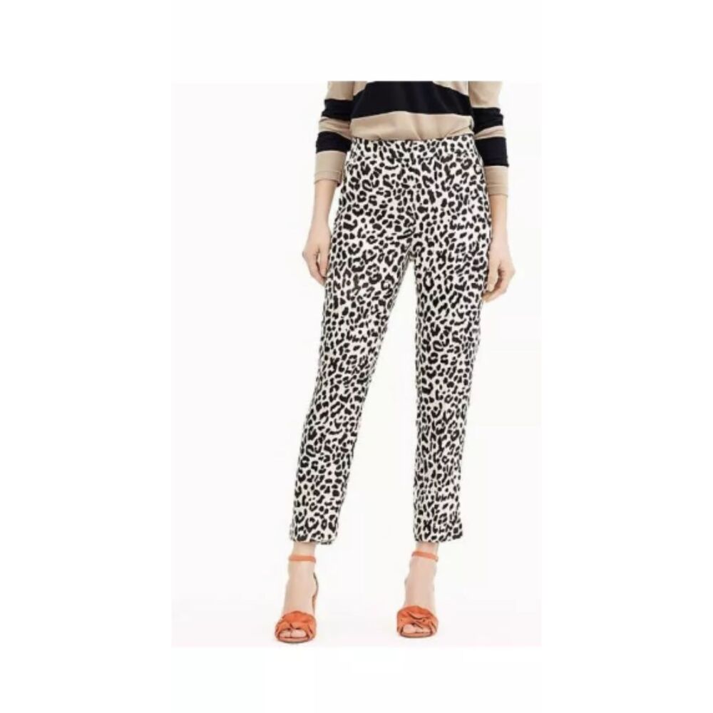 J. Crew Tan Black Leopard Print Linen-Blend Tall "Easy Pant" Trousers Size 6T